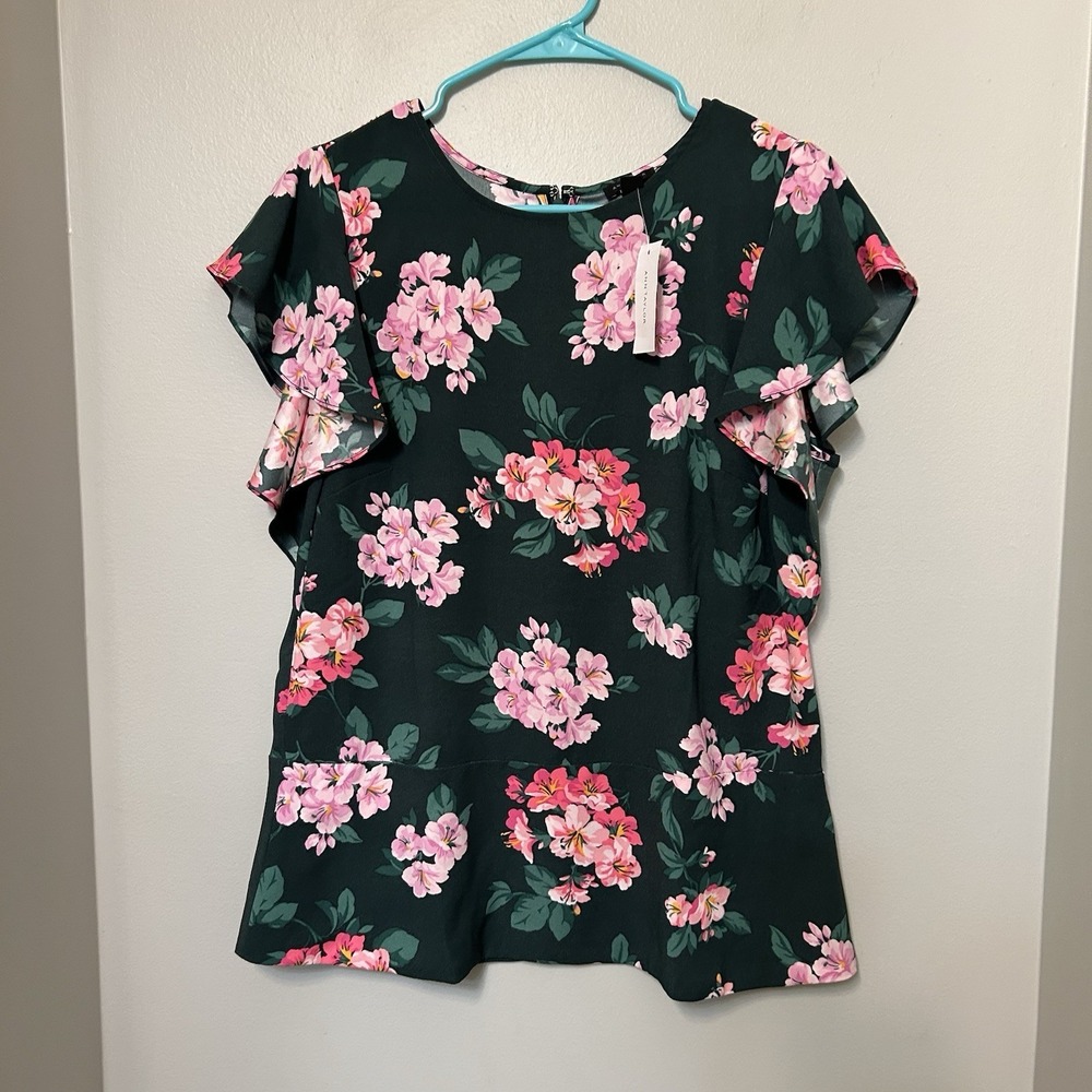 Ann Taylor Women Floral Green/ Pink Top Size 10 Back Zip Light Blouse Casual New